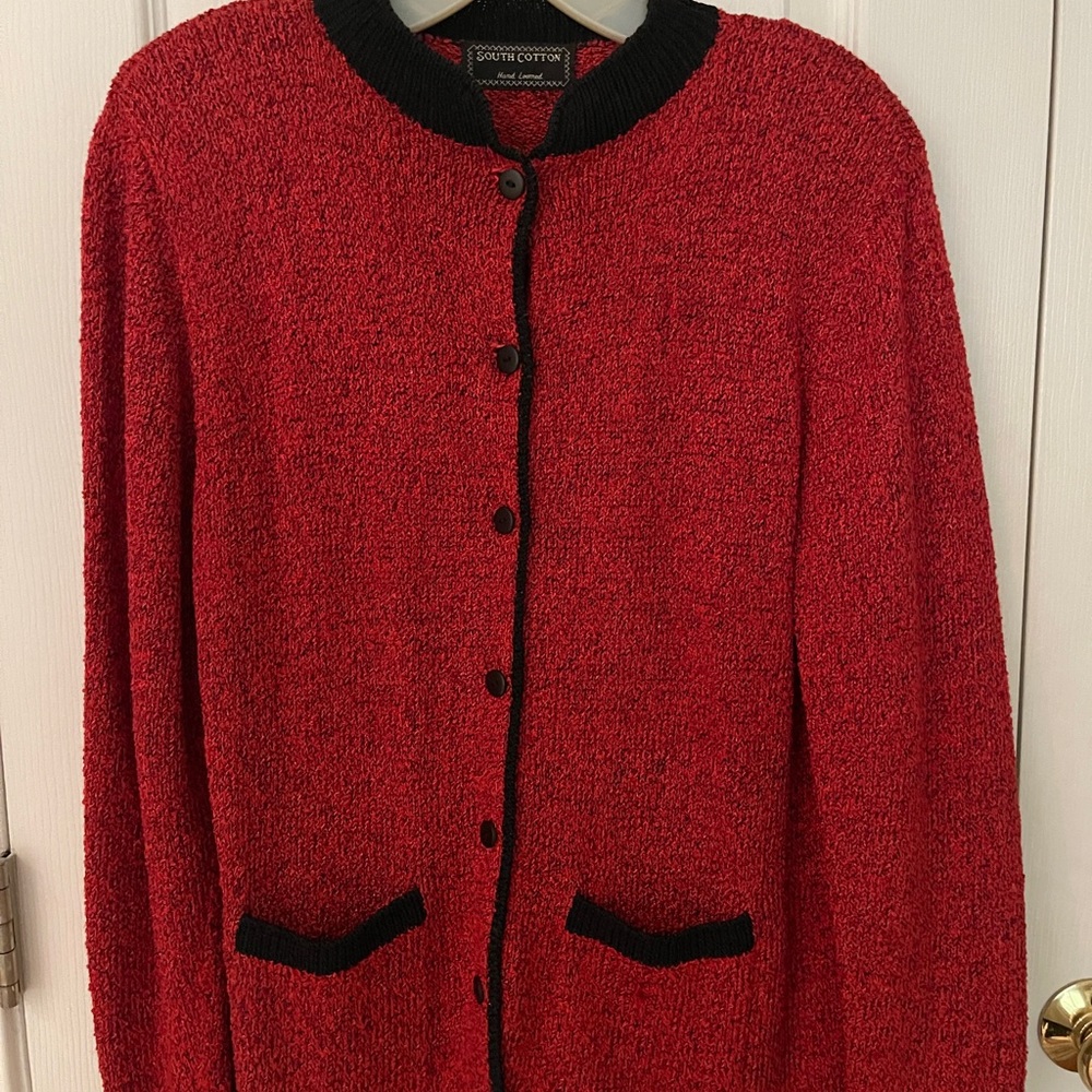 South Cotton Knit Red Sweater Jacket with Black Trim